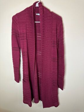 Maurices XS Open-Front Long Crocheted Cardigan Sweater in Berry Pink